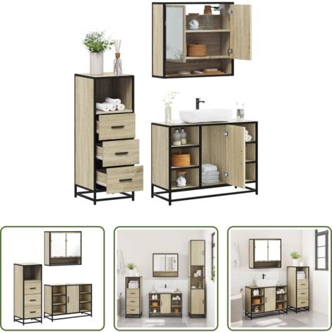 vidaXL Specchio da bagno -  Set Mobili da Bagno 3 pz Rovere Sonoma in Legno Multistrato