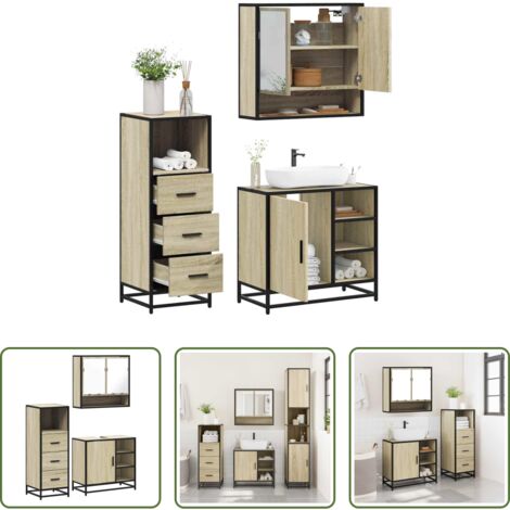 vidaXL Specchio da bagno -  Set Mobili da Bagno 3 pz Rovere Sonoma in Legno Multistrato