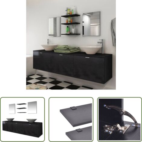 vidaXL Specchio da bagno -  Set Mobili da Bagno con Lavabo 8 pz Nero