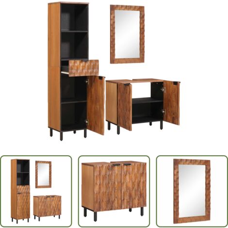 vidaXL Specchio per bagno -  Set da Bagno con cassetto con porta 3 pcs Acacia Marrone Winish
