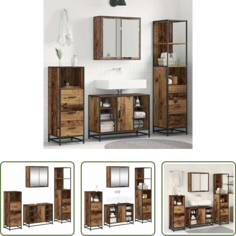 vidaXL Specchio piano -  Set di mobili per il bagno con cassetto 4 pcs Legno vecchio