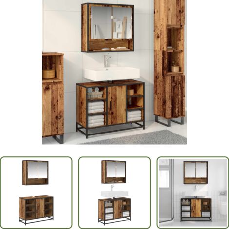vidaXL Specchio -  Set di mobili per il bagno con lo scaffale 2 pcs Legno vecchio