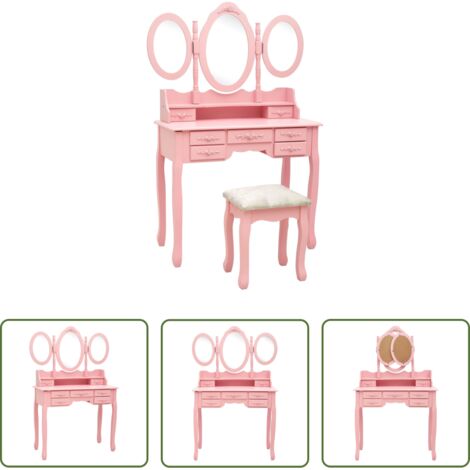 vidaXL Specchio - Tavolo da Trucco con Sgabello e Specchio Pieghevole in 3 Rosa