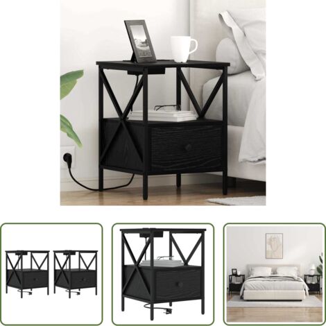 vidaXL Stazione di ricarica -  Armadio da Notte 2 pcs Rovere Nero 41,5 x 40,5 x 55 cm