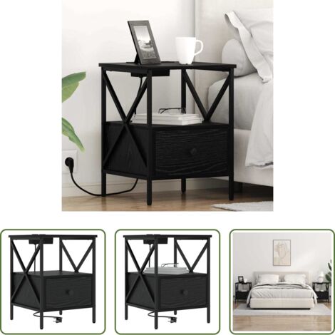 vidaXL Stazione di ricarica -  Armadio da Notte con cassetto Rovere Nero 41,5 x 40,5 x 55 cm