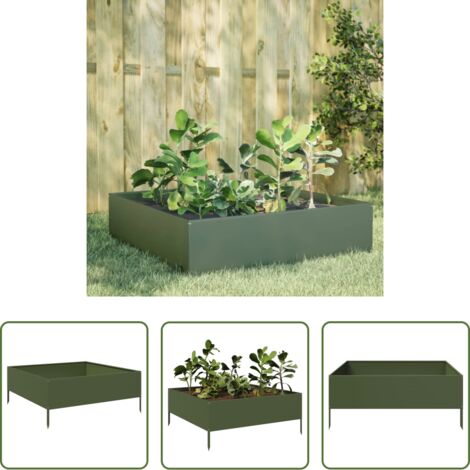 vidaXL Suelo abierto -  Arriate de acero verde oliva 100x100x25 cm