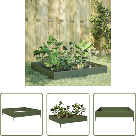 vidaXL Suelo abierto -  Arriate de acero verde oliva 100x100x26 cm