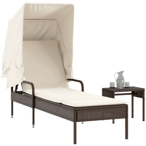 vidaXL Sun Lounger with Canopy and Table Brown Poly Rattan
