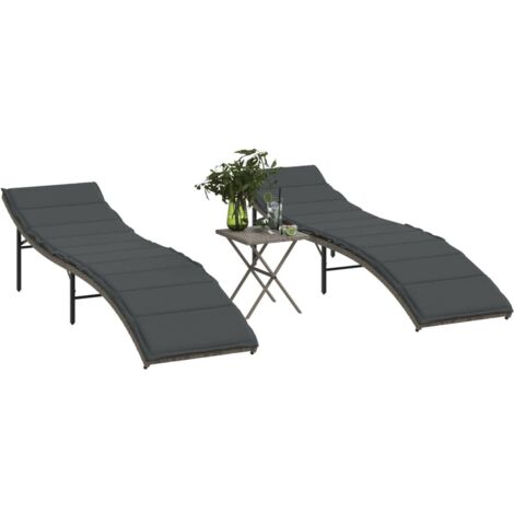 vidaXL Sun Loungers 2 pcs with Table Grey Poly Rattan