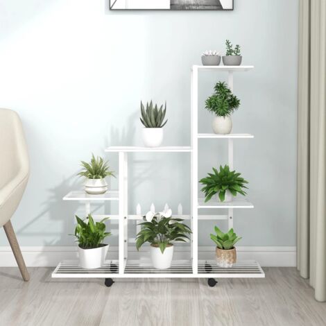 Vidaxl – Support pour plantes sur roues 94,5x25x92,5 cm – Métal blanc enduit – 4 roulettes pour mobilité – Etagère à plantes moderne
