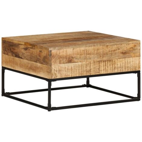 Vidaxl – Table basse fixe 68x68x41 cm – Bois de manguier brut avec finition naturelle – Pieds en fer enduit de poudre noire – Unique et robuste