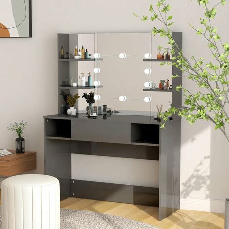Vidaxl – Table de maquillage avec éclairage LED – MDF gris brillant – Dimensions 100x40x135 cm – Miroir intégré et 10 ampoules LED
