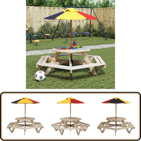 vidaXL Table de pique-nique pour 6 enfants avec parasol hexagone sapin