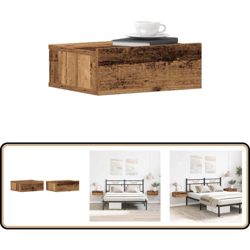 Tables de chevet flottantes 2 pcs vieux bois bois d'ingénierie - Vidaxl