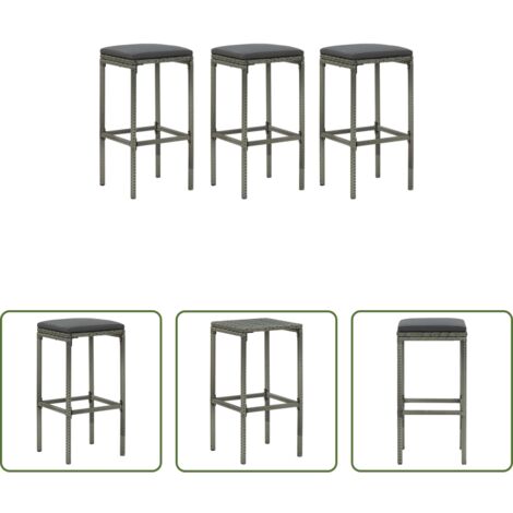 vidaXL Taburete de bar -  Taburetes de cocina con cojines 3 uds ratán sintético gris