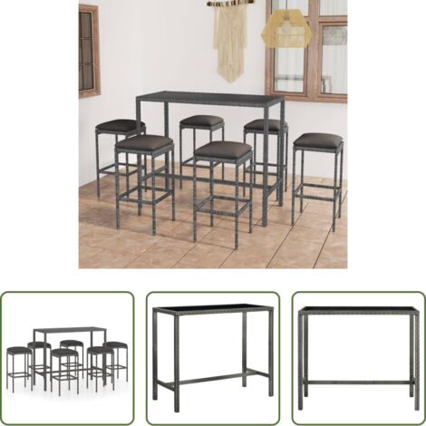 vidaXL Taburete de jardín -  Set muebles bar jardín 7 piezas y cojines ratán sintético gris