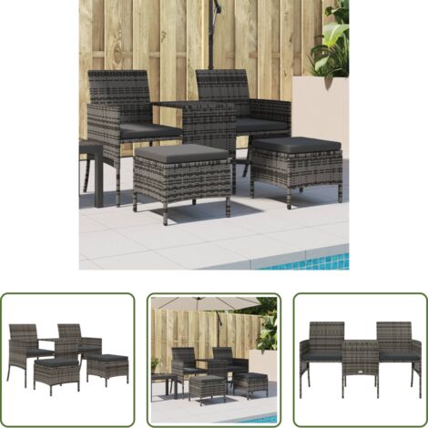 vidaXL Taburete -  Sofá de jardín 2 plazas con mesa y taburetes ratán PE gris