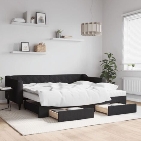 vidaXL Tagesbett mit ausziehbarem Bett und Schubladen schwarz 90x200 cm Stoff