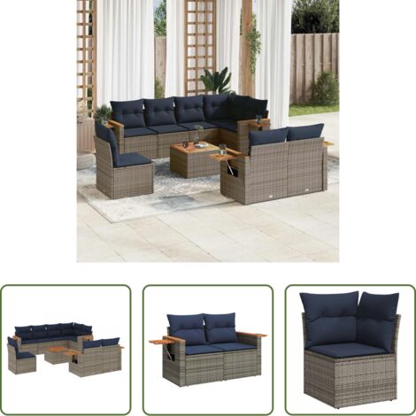 vidaXL Tavoli da giardino -  Set Divani da Giardino 9 pz con Cuscini Grigio in Polyrattan