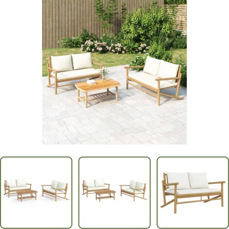 vidaXL Tavoli da salotto -  Set Salotto da Giardino 3pz con Cuscini Bianco Crema in Bambù