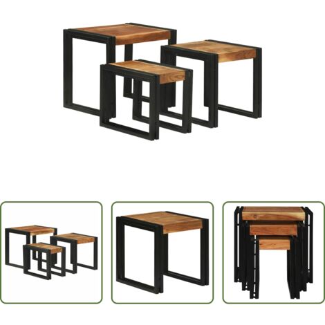 vidaXL Tavoli in legno -  Tavolo Nesting 3 pcs Legno massello di acacia e metallo