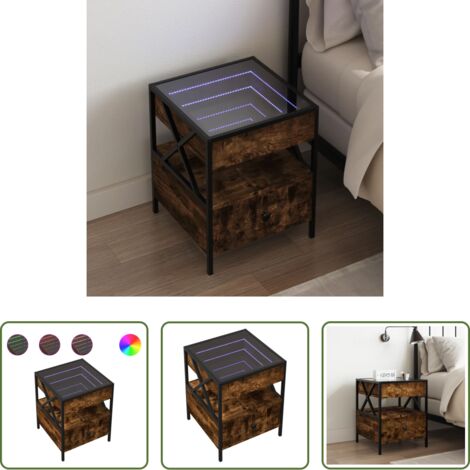 vidaXL Tavolino con specchio -  Comodino con LED Infinity Rovere Fumo 40x40x51 cm