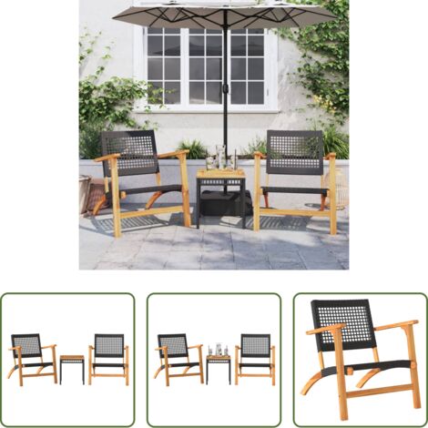 vidaXL Tavolino da caffè -  Set da Bistrot 3 pz Nero in Polyrattan e Legno Massello Acacia