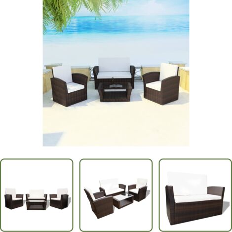 vidaXL Tavolino da caffè -  Set Divani da Giardino 4 pz con Cuscini in Polyrattan Marrone