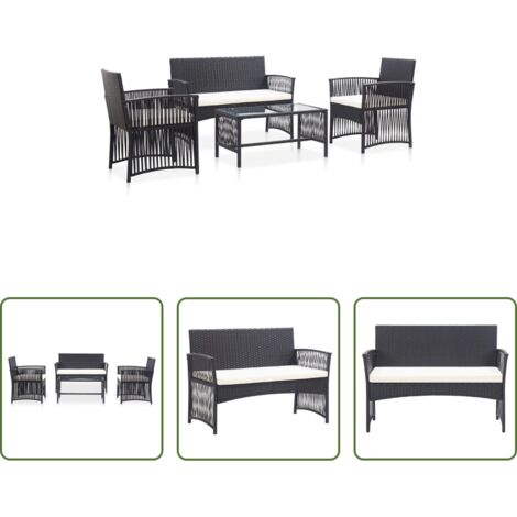 vidaXL Tavolino da caffè -  Set Divani da Giardino 4 pz con Cuscini in Polyrattan Nero