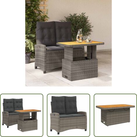 vidaXL Tavolino da giardino con piano sollevabile -  Set da Pranzo da Giardino 2 pz con Cuscini in Polyrattan Grigio