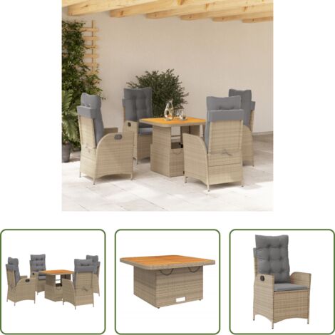 vidaXL Tavolino da giardino con piano sollevabile -  Set da Pranzo da Giardino 5 pz con Cuscini Beige in Polyrattan