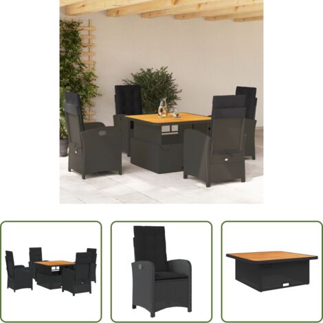 vidaXL Tavolino da giardino con piano sollevabile -  Set da Pranzo da Giardino 5 pz Nero con Cuscini in Polyrattan