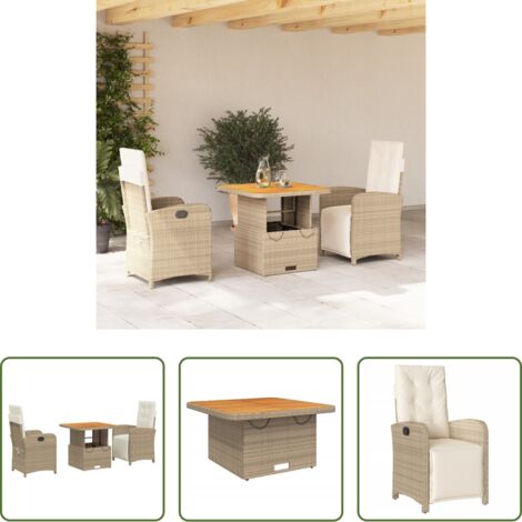 vidaXL Tavolino da giardino -  Set da Pranzo da Giardino 3 pz con Cuscini Beige in Polyrattan