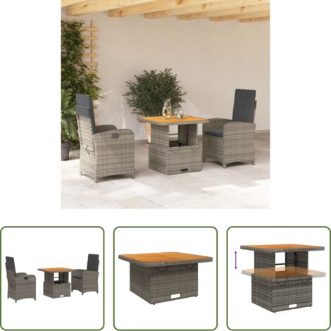 vidaXL Tavolino da giardino -  Set da Pranzo da Giardino 3 pz con Cuscini in Polyrattan Grigio
