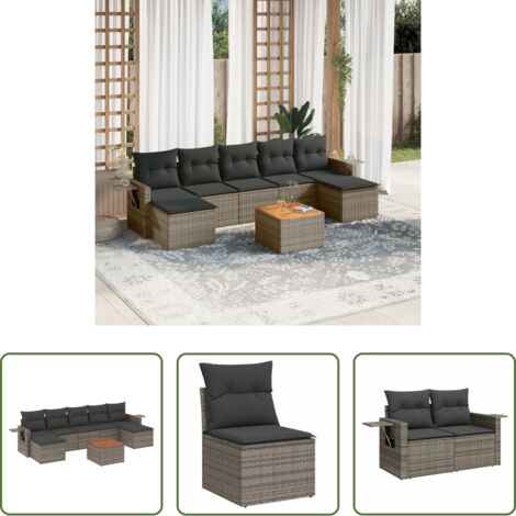 vidaXL Tavolino da giardino -  Set Divano da Giardino 8 pz con Cuscini Grigio in Polyrattan