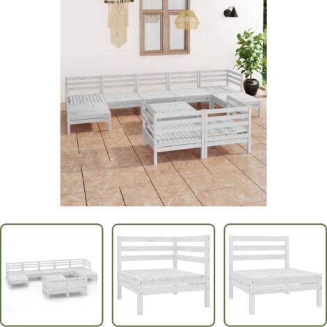 vidaXL Tavolino da giardino -  Set Salotto da Giardino 10 pz in Legno Massello di Pino Bianco