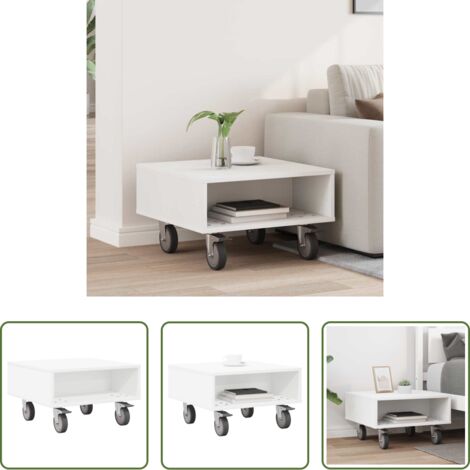 vidaXL Tavolino da letto -  Tavolino con Ruote Bianco 50,5 x 50 x 30 cm Legno multistrato