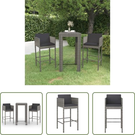vidaXL Tavolo da bar -  Set Bar da Giardino 3 pz con Cuscini in Polyrattan Grigio