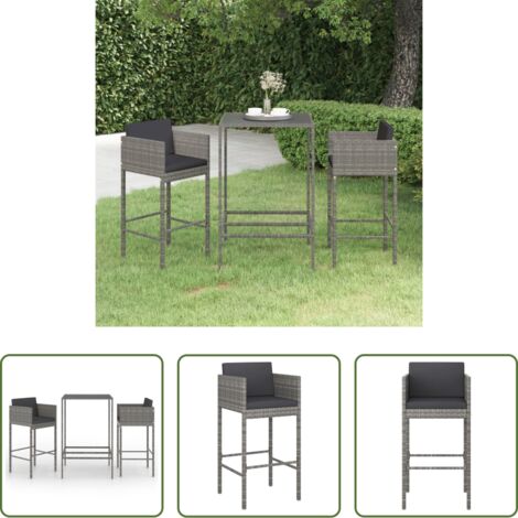 vidaXL Tavolo da bar -  Set Bar da Giardino 3 pz con Cuscini in Polyrattan Grigio