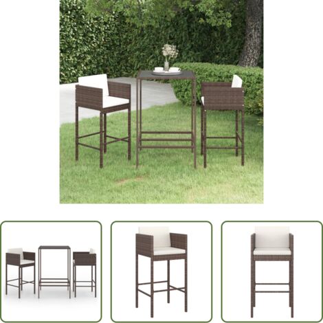 vidaXL Tavolo da bar -  Set Bar da Giardino 3 pz con Cuscini in Polyrattan Marrone