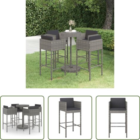 vidaXL Tavolo da bar -  Set da Bar da Giardino 5 pz con Cuscini in Polyrattan Grigio