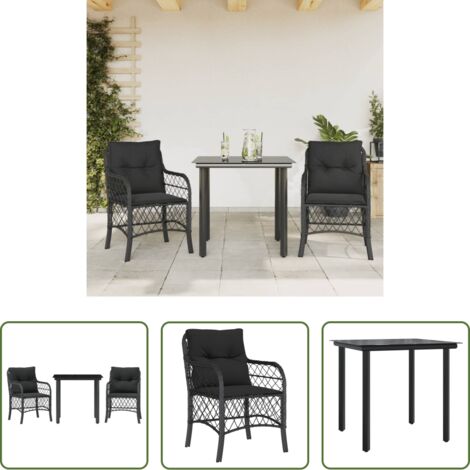 vidaXL Tavolo da esterno -  Set da Bistrò 3 pz con Cuscini Nero in Polyrattan