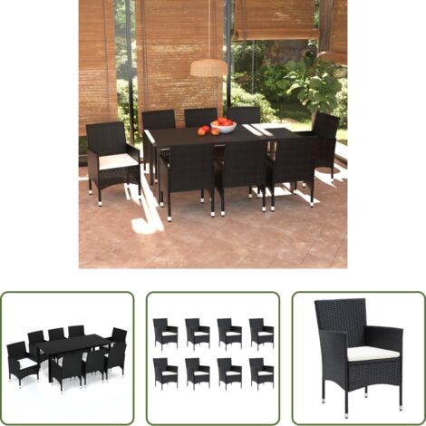 vidaXL Tavolo da esterno -  Set da Pranzo da Giardino 9 pz con Cuscini Nero in Polyrattan