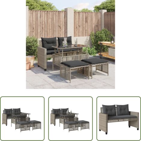 vidaXL Tavolo da giardino -  Divano da Giardino 4pz Cuscini Grigio Chiaro Polyrattan e Vetro