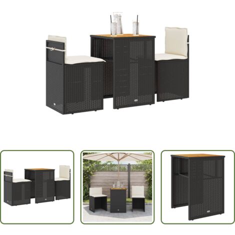 vidaXL Tavolo da giardino -  Set da Bistrò 3 pz con Cuscini Nero in Polyrattan