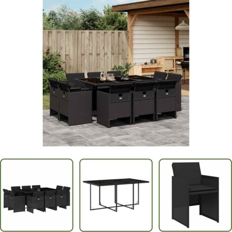 vidaXL Tavolo da giardino -  Set da Pranzo da Giardino 11 pz con Cuscini in Polyrattan Nero