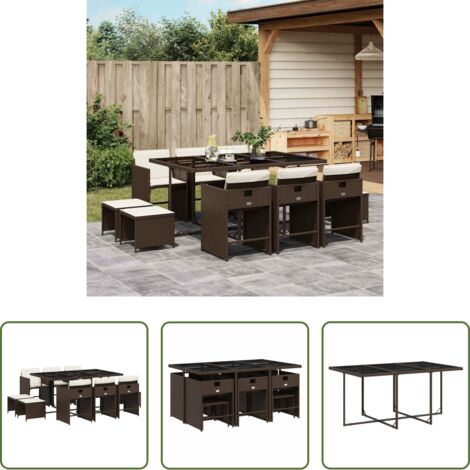 vidaXL Tavolo da giardino -  Set da Pranzo da Giardino 11 pz con Cuscini Polyrattan Marrone
