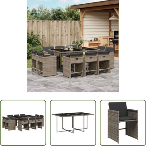 vidaXL Tavolo da giardino -  Set da Pranzo da Giardino 11pz con Cuscini in Polyrattan Grigio