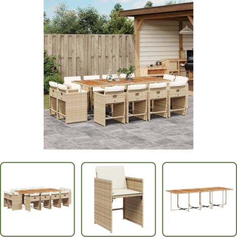 vidaXL Tavolo da giardino -  Set da Pranzo da Giardino 13 pz con Cuscini Beige in Polyrattan