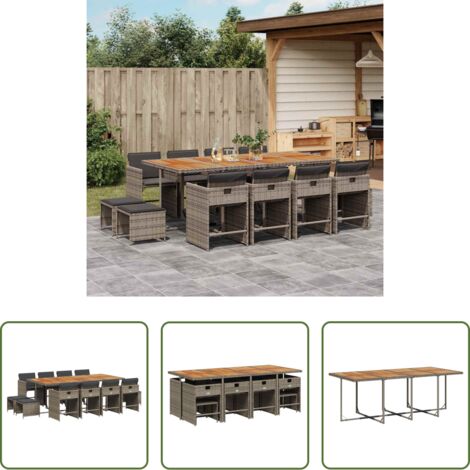 vidaXL Tavolo da giardino -  Set da Pranzo da Giardino 13pz con Cuscini Grigio in Polyrattan